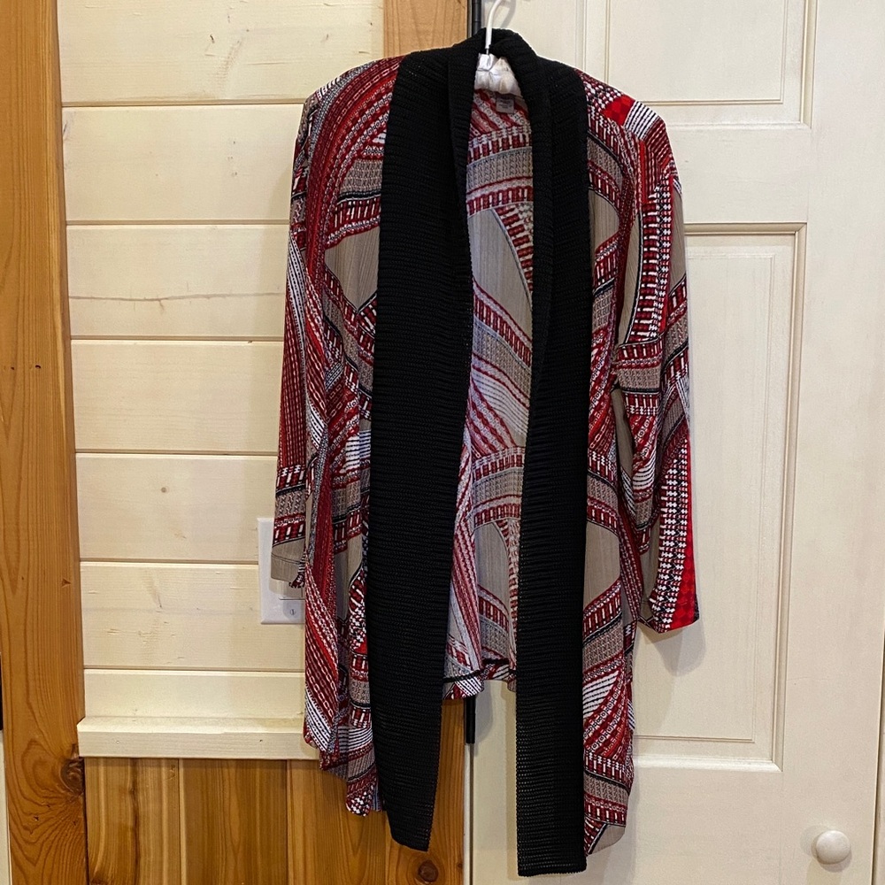 Chico's Red and Gray Patterned Open Cardigan with Black Trim